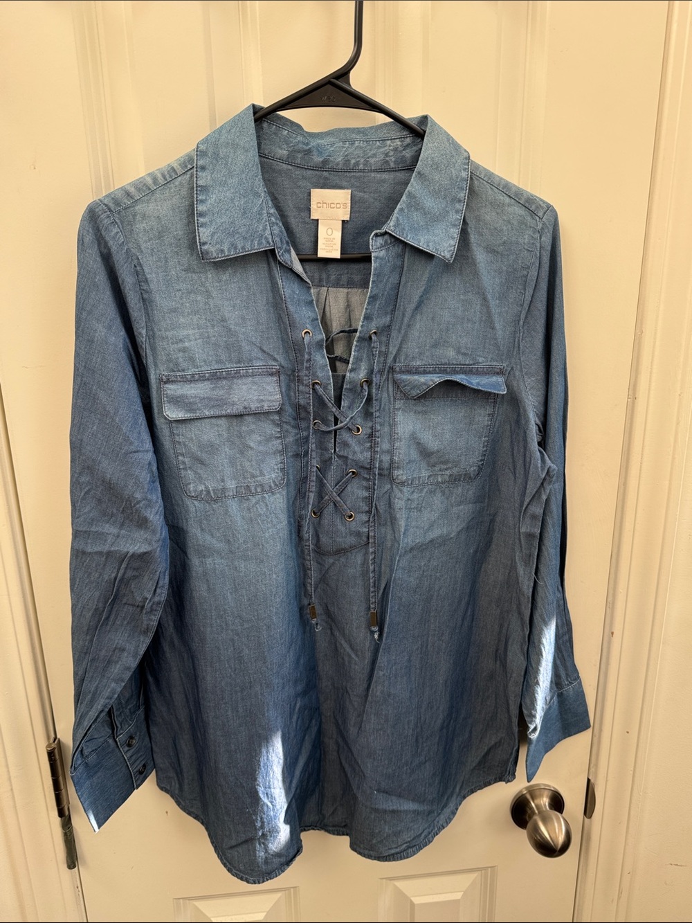 Chico's Lace-Up Denim-Effect Button Down Shirt - Blue